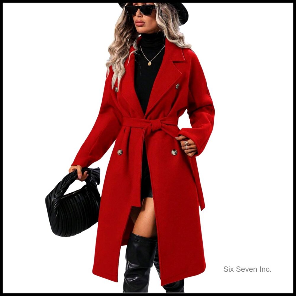 Wool Blend Pea Coat Double Breasted Notch Lapel Trench Coat